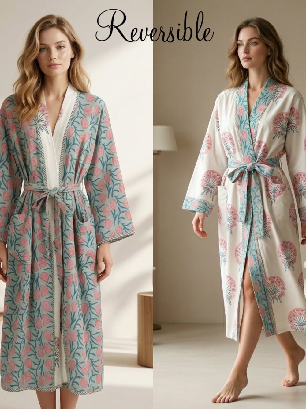 Reversible Cotton Kimono Robe, Hand Block Print Bathrobe, Floral Quilted for Her